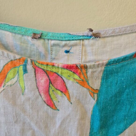 Sharon Young Linen Tropical‎ Floral Print Womens Tunic Button Back L - Picture 5 of 9